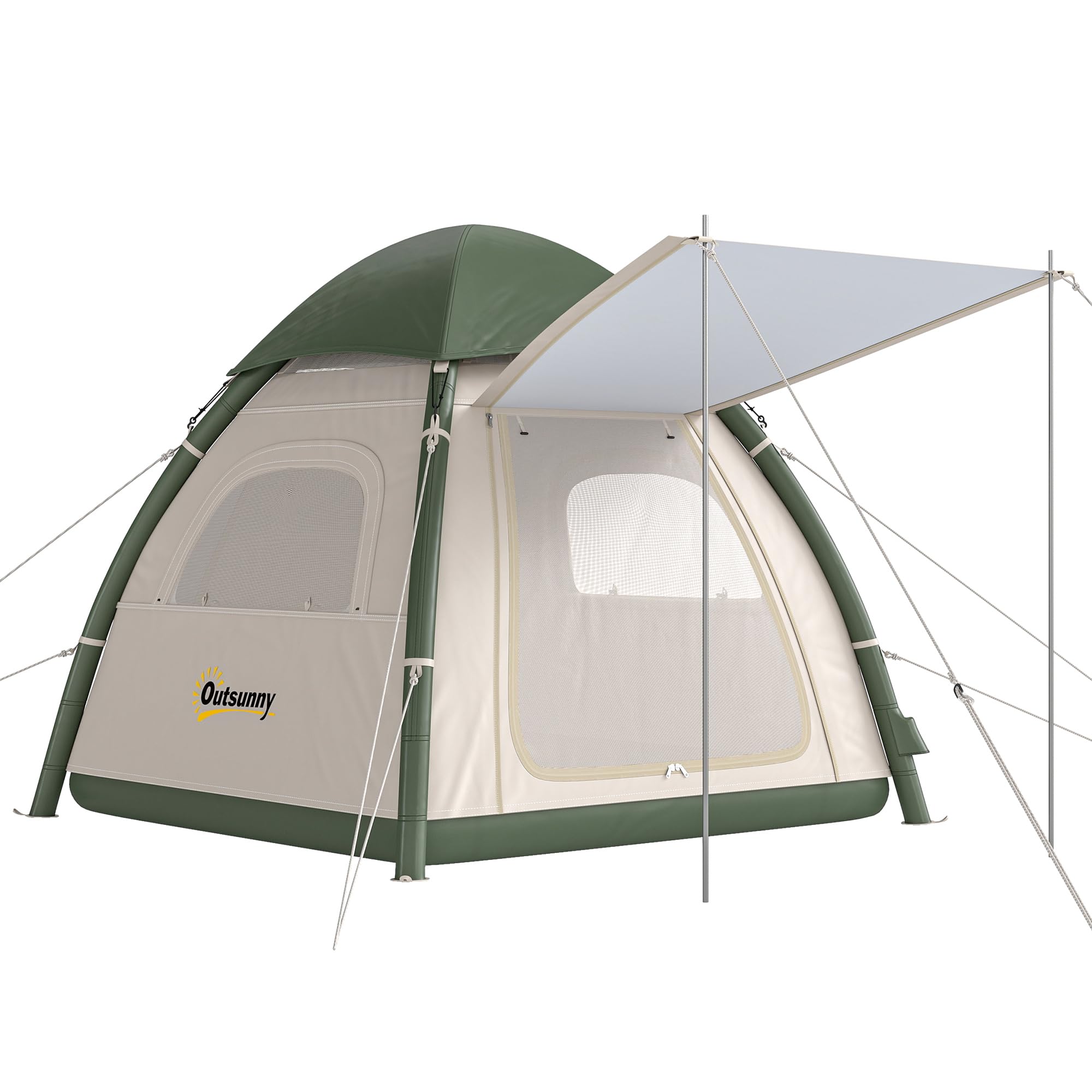 Outsunny Inflatable Camping Tent with Rainfly, 3 Man Blow Up Dome Tent 3000mm Waterproof Air Tents with Vestibule, 190cm High Headroom, Quick Inflate Safety Pump and Carry Bag, Beige