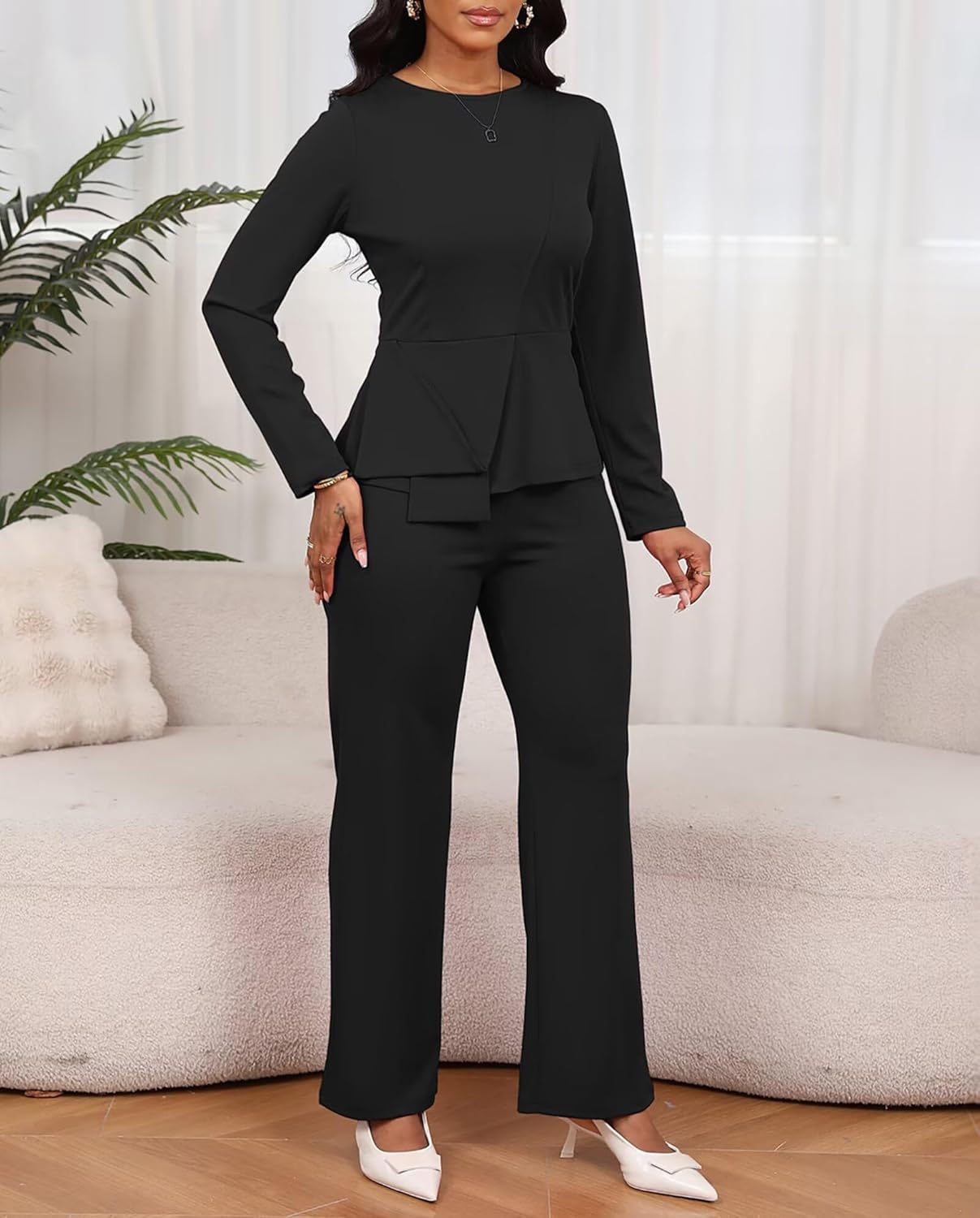 Aro Lora Women 2 Piece Outfits Casual Long Sleeve Irregular Hem Slit Top Pant Set Dressy Pantsuits - Image 3