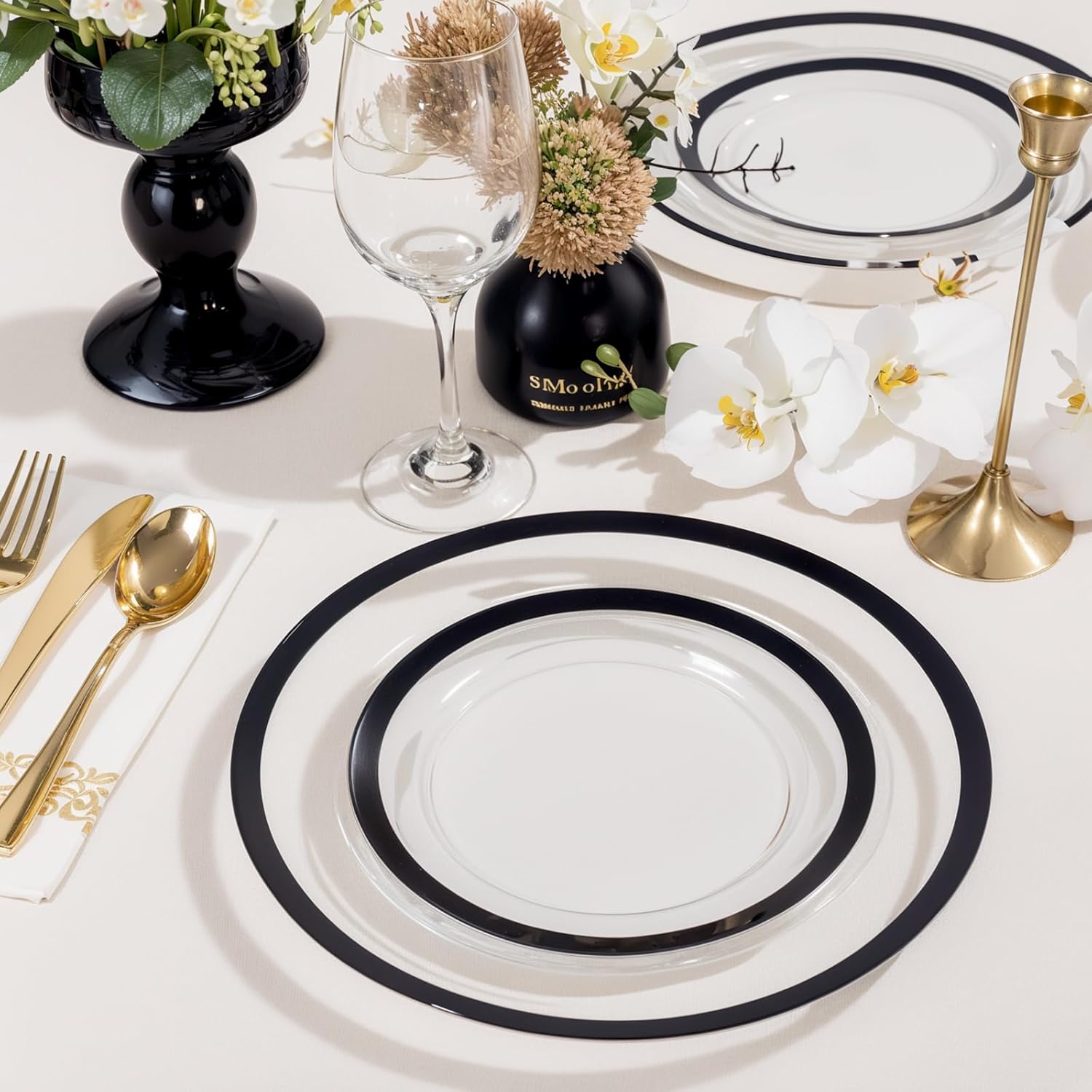 supernal Elegant Disposable Plates, 120-Pack Black Plastic Plates, Clear and Black Heavy Duty BPA-Free Plastic Dinnerware Set for 60 Guests Perfect for Wedding, Upscale Parties & Catering