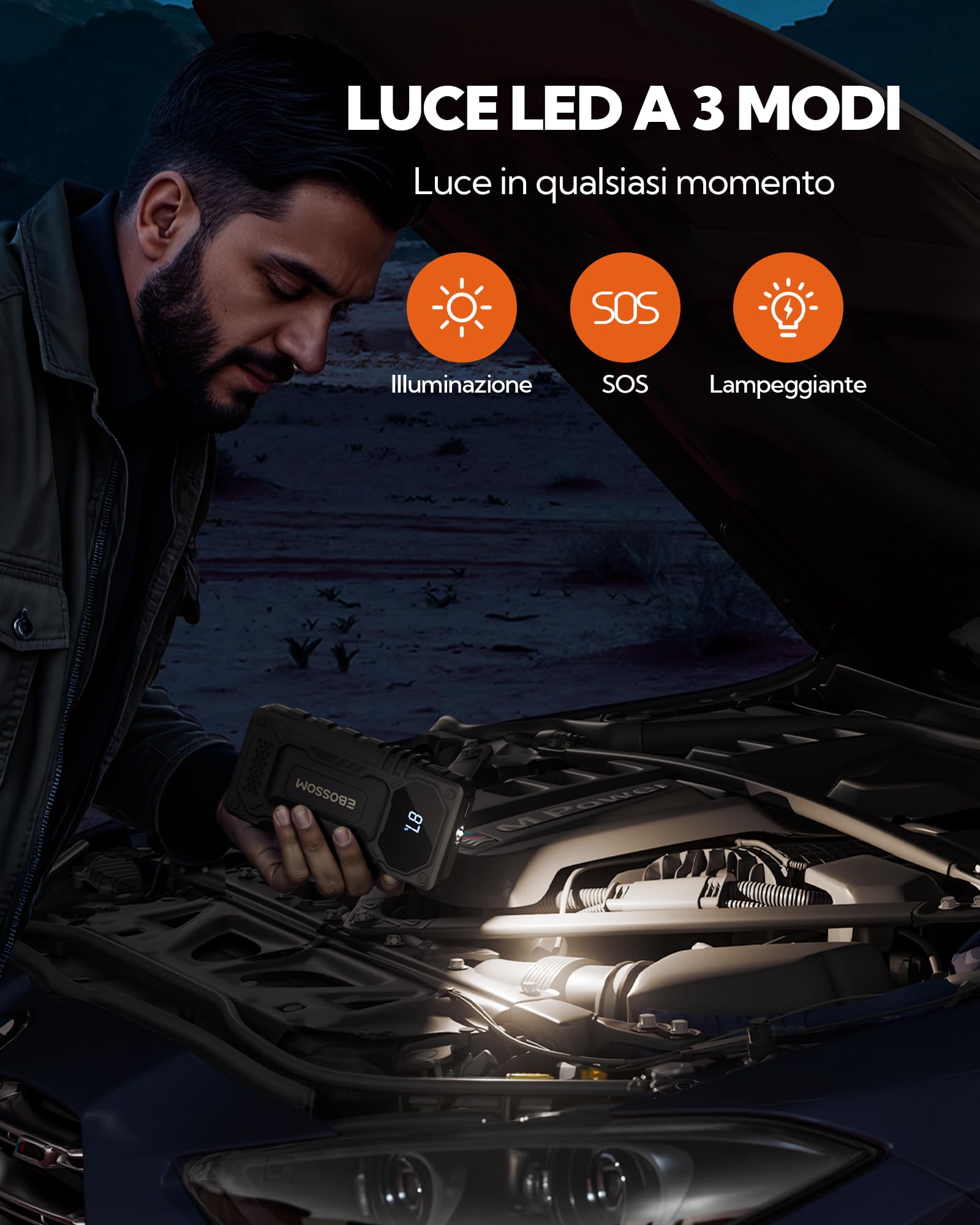 Booster Avviamento Auto, Avviatore Portatile, 12000mAh Avviatore Batteria veicolo, Jump Starter macchina con LED Torcia, Ricarica USB, Kit di Viaggio e Attrezzi di Emergenza