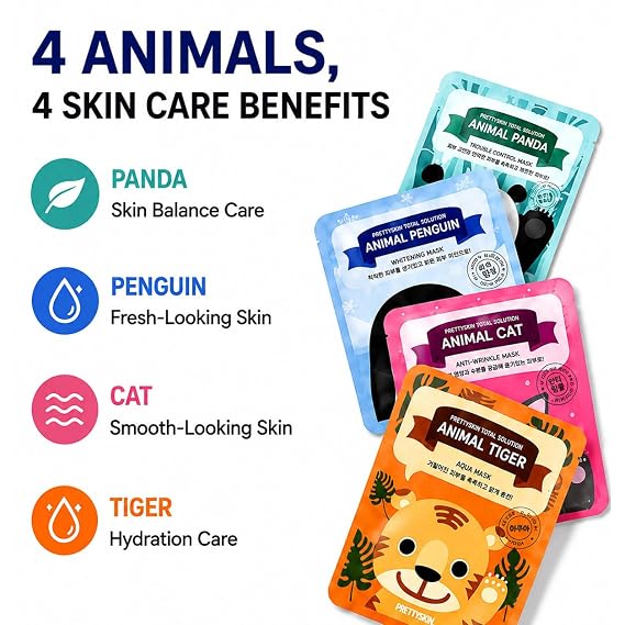 PRETTYSKIN Korean Sheet Mask Set (4-Pack) Hydrating, Soothing, Elasticity Support & Skin Tone Care Fun Animal Design Face Masks with Niacinamide, Tea Tree, Collagen K-Beauty for All Skin Types