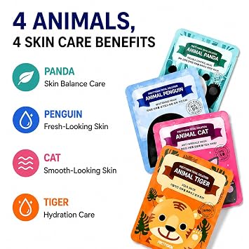 PRETTYSKIN Korean Sheet Mask Set (4-Pack) Hydrating, Soothing, Elasticity Support & Skin Tone Care Fun Animal Design Face Masks with Niacinamide, Tea Tree, Collagen K-Beauty for All Skin Types