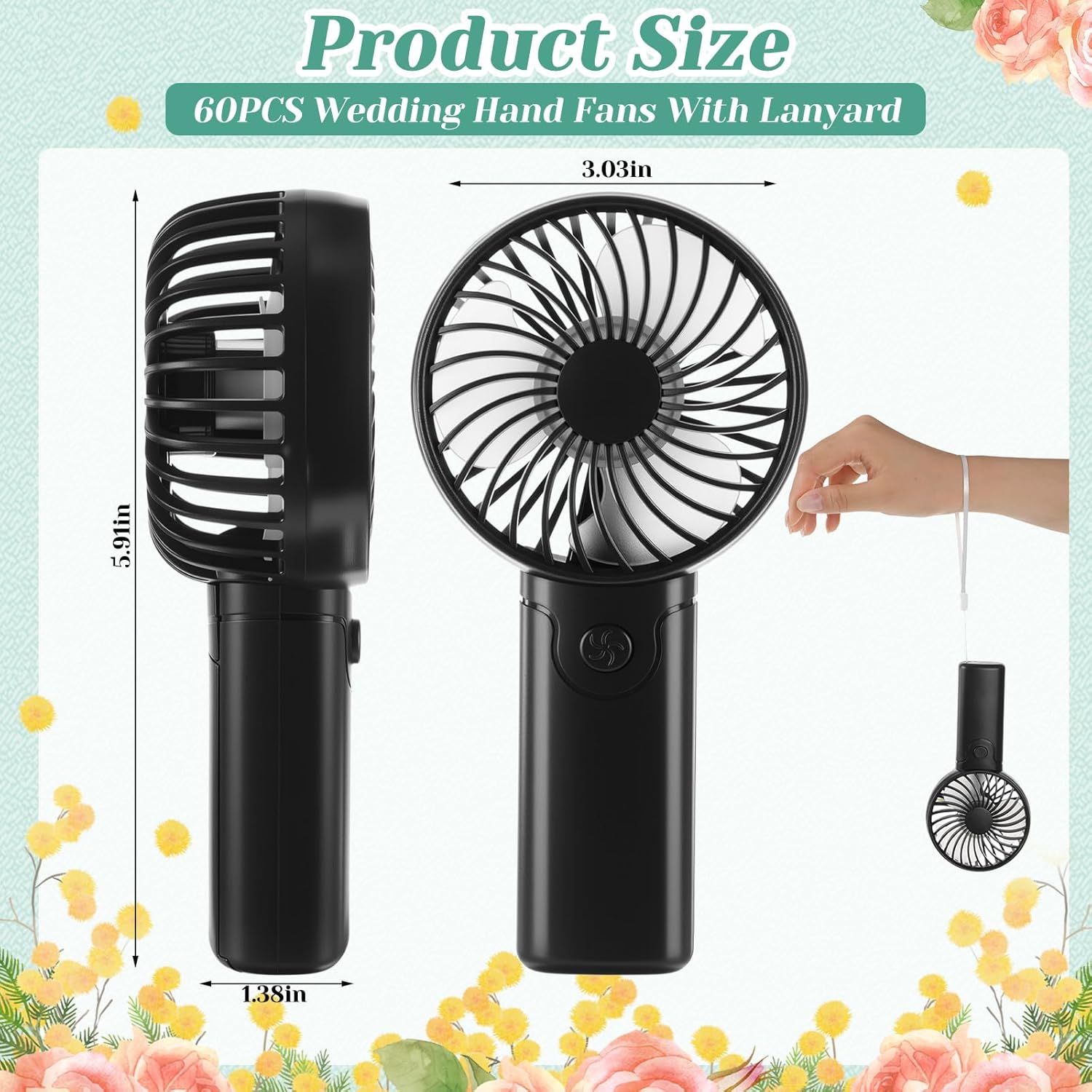 Woanger 60pack Mini Handheld Fan Bulk with Rope Hanging Portable Eyelash Fans Small Personal Cooling for Wedding Travel Makeup Camping Hiking Independent White Box (Black White,6.1 x 3 x 1.77 Inch)