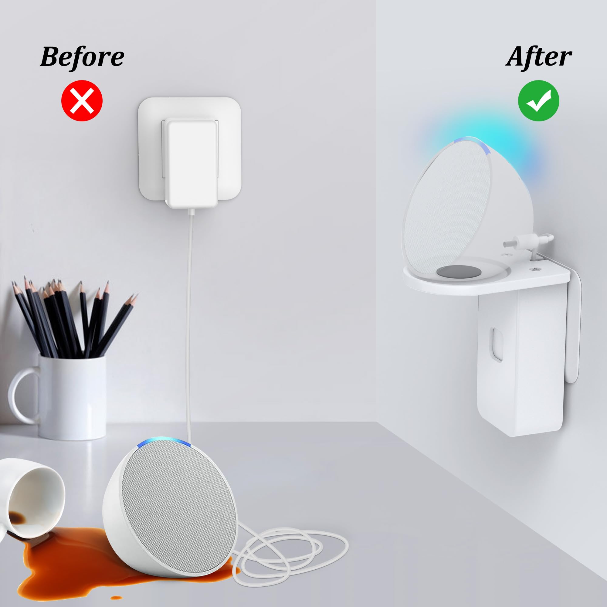 PlusAcc supporto a parete per ΡΟΡ - supporto salvaspazio per accessori per altoparlanti intelligenti, senza forare, perfetto per caffetteria, bagno, camera da letto (Bianco)