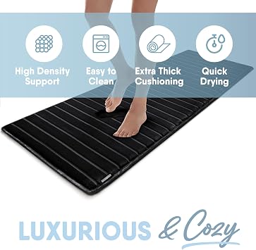 MICRODRY Extra Thick Modern Luxury Charcoal Infused Memory Foam Bath Mat Rug with, GripTex Skid Resistant Base, Absorbent, Easy Care, Fade & Pilling Resistant, SoftLux (Black, 24x58)