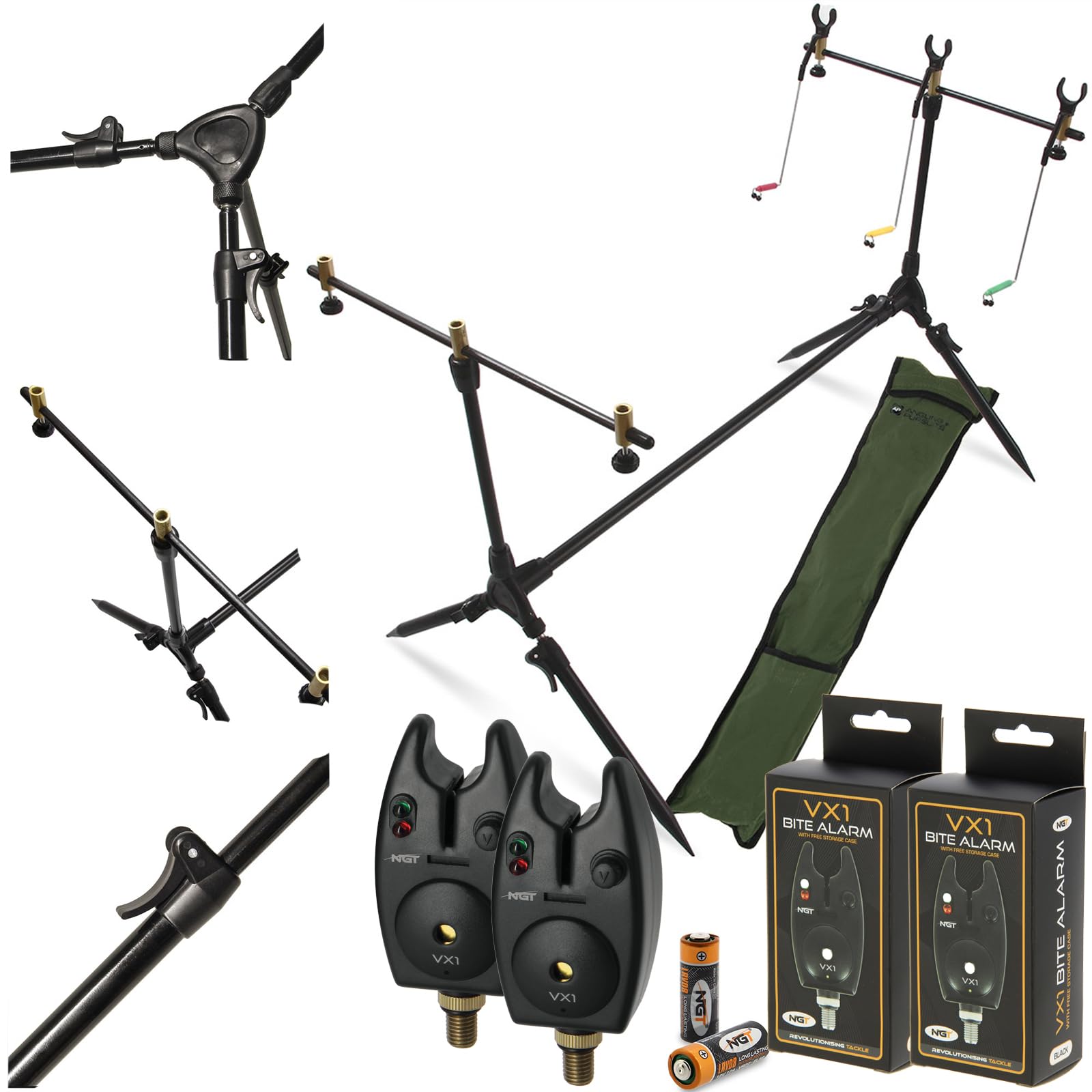Session Fishing Rod Pod with Buzz Bars, Rod Rests, 2 VX1 Bite Alarms & Carry Case – Adjustable Bank Setup with Volume Control, Waterproof LED Indicators Carp Fishing Angling Kit