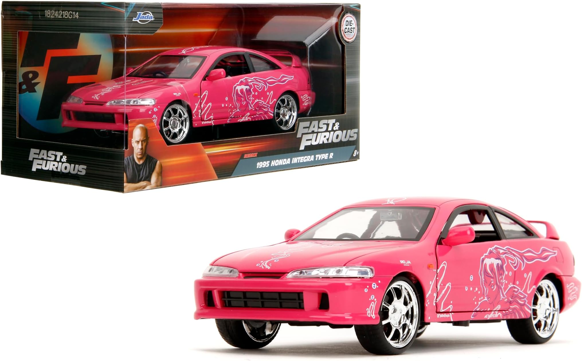 Toys Fast & Furious 1:24 Honda Integra (Suki's Pink Design) - Die Cast Model Car, Detailed Exterior, Authentic Movie Replica, Collectible Toy - Ages 8+ - Pink