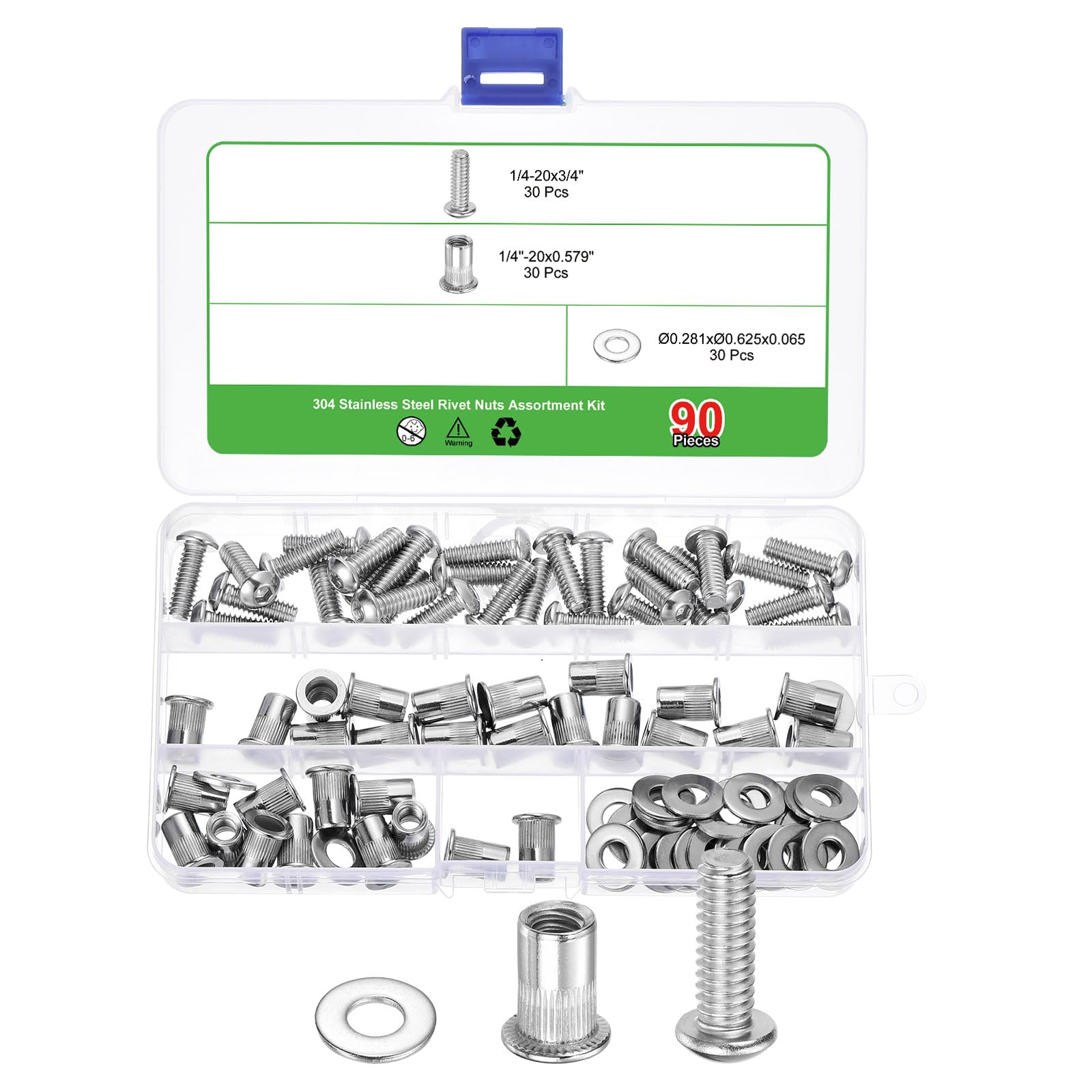 uxcell 90Pcs Rivet Nut Flat Head, 1/4"-20 Socket Head Cap Screws and Flat Washers