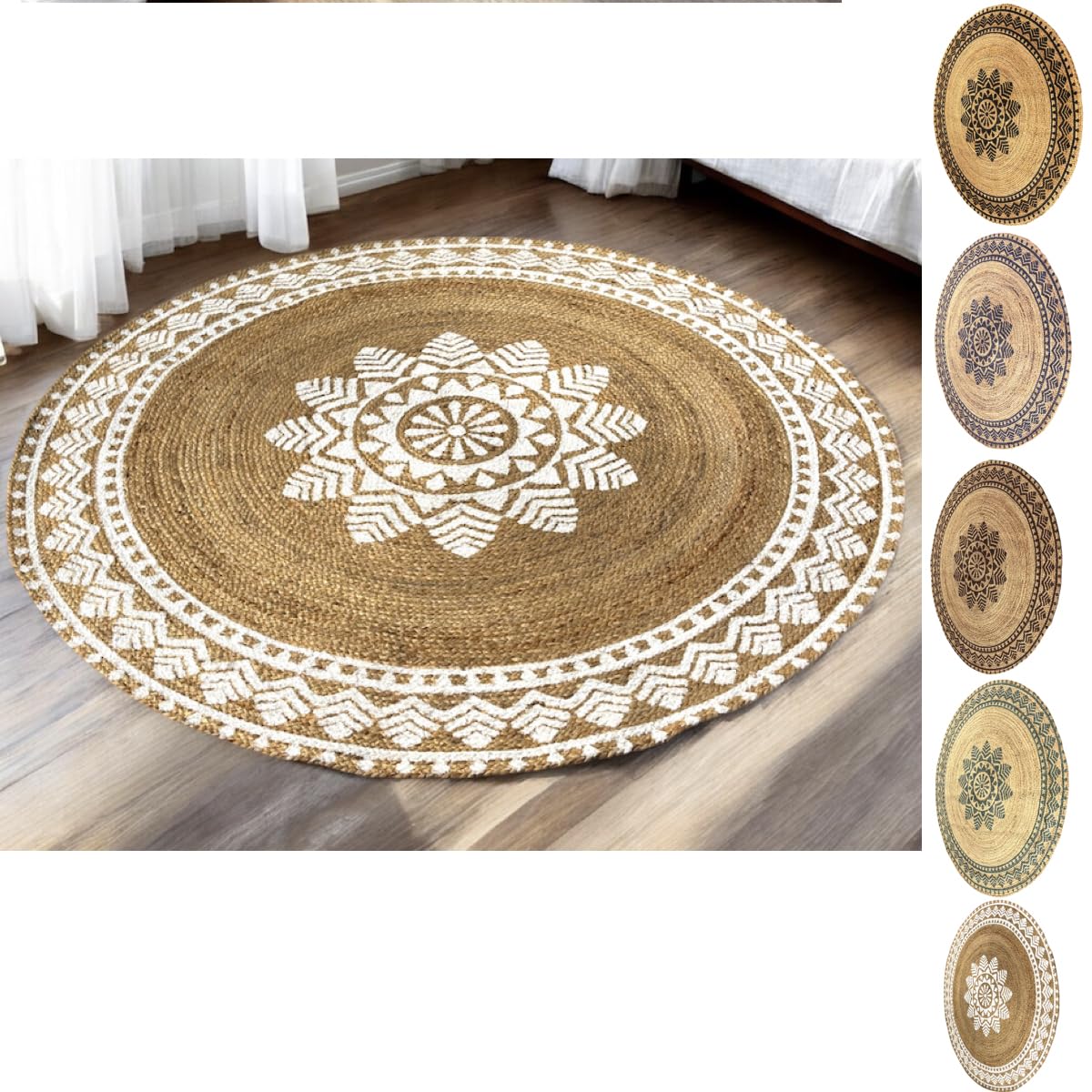 MAARSA WEAVES Handwoven Round Jute Area Rugs, Multiple Sizes and Colors, 100% Jute Fiber (Off White, 3'Round, Geometric Bloom)