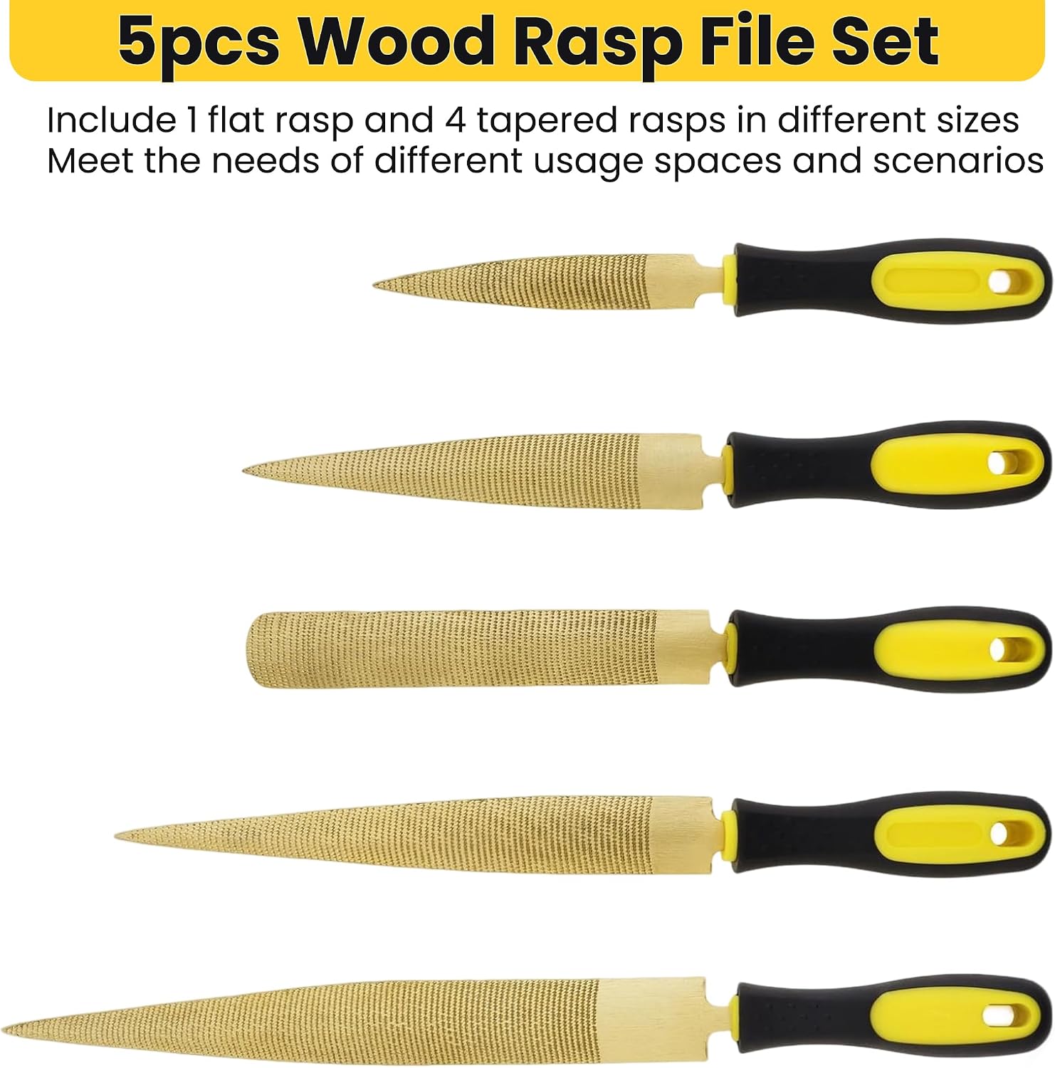 5pcs Wood Rasp File Set - Golden Double Sided Wood Files for Woodworking, Carving & Sharping, Includes Tapered and Half-Round Rasp File