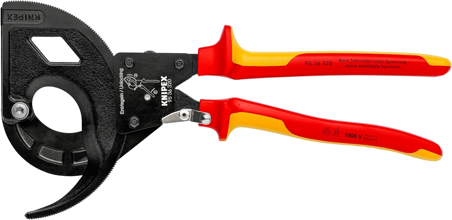 KNIPEX Tools 95 36 320 Three Stage Drive Ratchet Cable Cutter with 1000V Insulated Handle, Red/Yellow