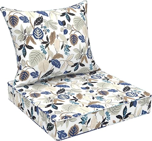 DYTXIII Outdoor Deep Seat Cushion Set, Water Repellent 22"x22" Patio Thick Cushions Replacement with Seat & Back Pillow for Patio Sofa, Wicker Chair, Couch - Breeze Leaves Beige