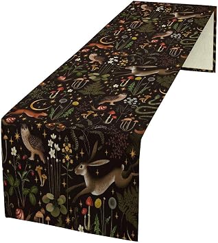 Rustic Animal Table Runner, Cartoon Dark Forest Plant Vintage Forest Mushroom Moon Bohemian Plant Moon Owl Plant Table Decor Table Top Dining Kitchen Wedding Party 13x60 Inch