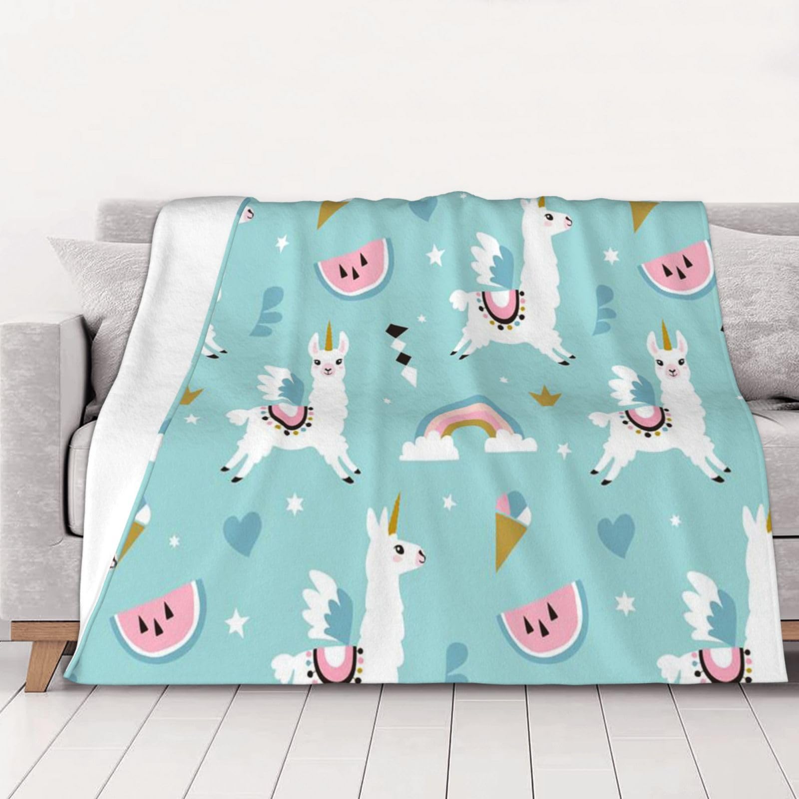 AUBKFELD Cute Llama Printed Flannel Blanket 150x125 CM, Soft & Warm Throw Blanket for Sofa/Couch/Bed/Car, Gifts for Audlts Women Men