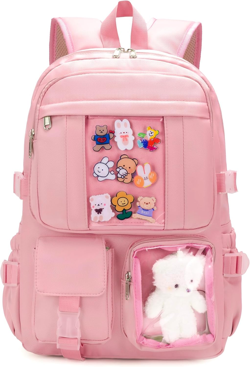 Kawaii Backpack for Teen Girls, Cute Aesthetic High Middle School College Bookbag with Accessories, Pink