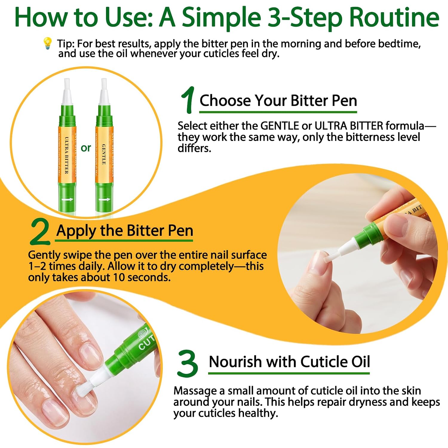 3 IN 1 Nail Biting Prevention Kit for Kids & Adults -3 Pack Includes Extra Strength+ Gentle Bitter Polish + Cuticle Oil. Fast Drying Formula Stops Nail Biting & Thumb Sucking