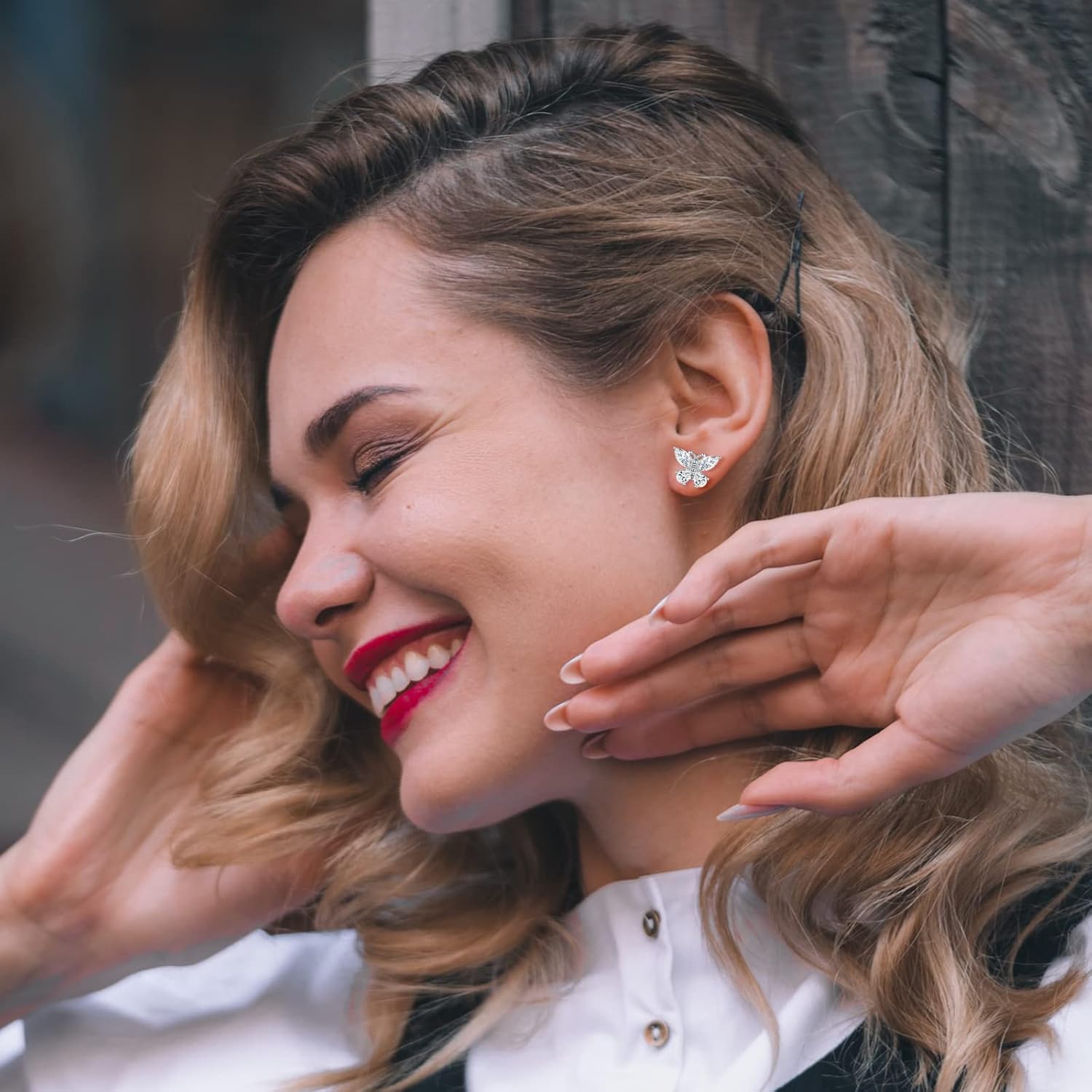 Miniatura 2 de JSGEMSLEE Aretes de mariposa de plata de ley 925 para mujeres y niñas, bonitos aretes de mariposa pequeños, aretes de corazón con circonita cúbica,