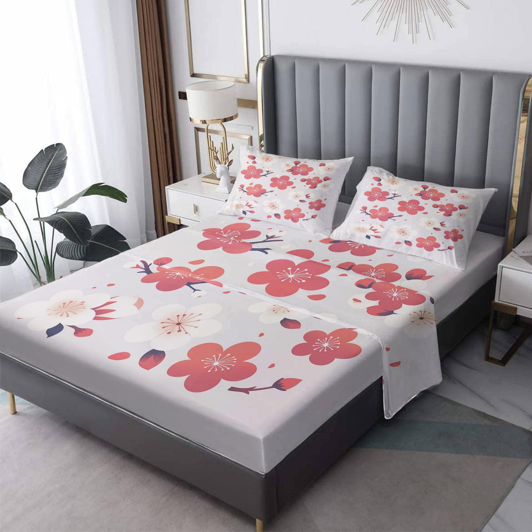 Zvynqour California King Sheet Sets - Cherry Blossom Bed Sheets - Floral Deep Pocket Fitted Sheets & Flat Sheets & Pillowcases 4 Piece Set - Pink Flower Bedding & Decor - Soft Cosy Microfibe