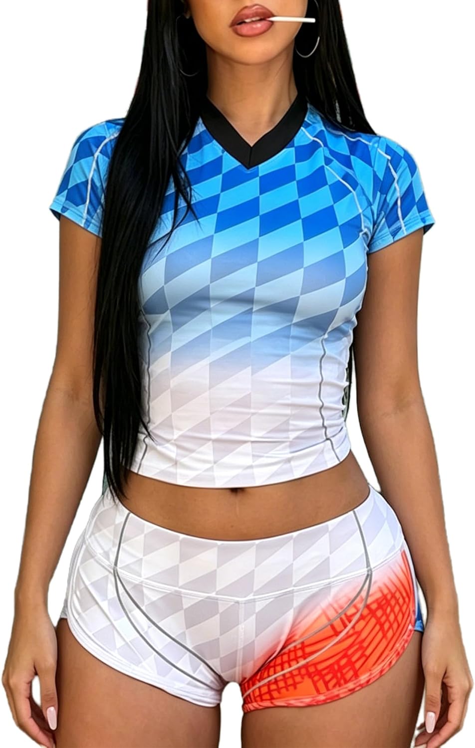 VOIKERDR Sexy Two Piece Outfits for Women Print Short Sleeve Crop Top and Shorts Matching Summer Sets