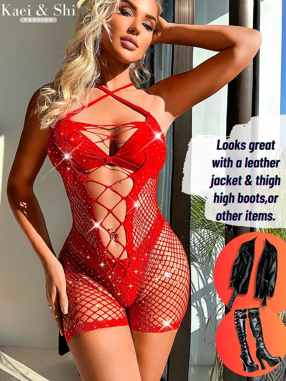 Kaei&Shi Rhinestone Rave Outfits Fit 0-16, Exotic Dancer Fishnet Bodysuit, Sexy Glow Stripper Bodystocking Lingerie For Women - Image 6