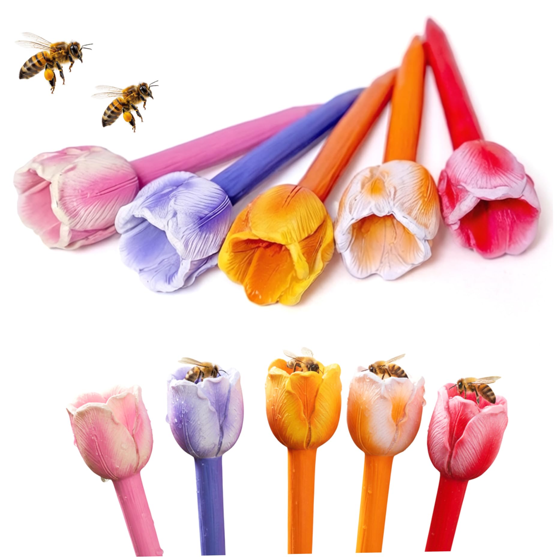 Estación de riego de abejas con tulipanes coloridos de resina duradera
