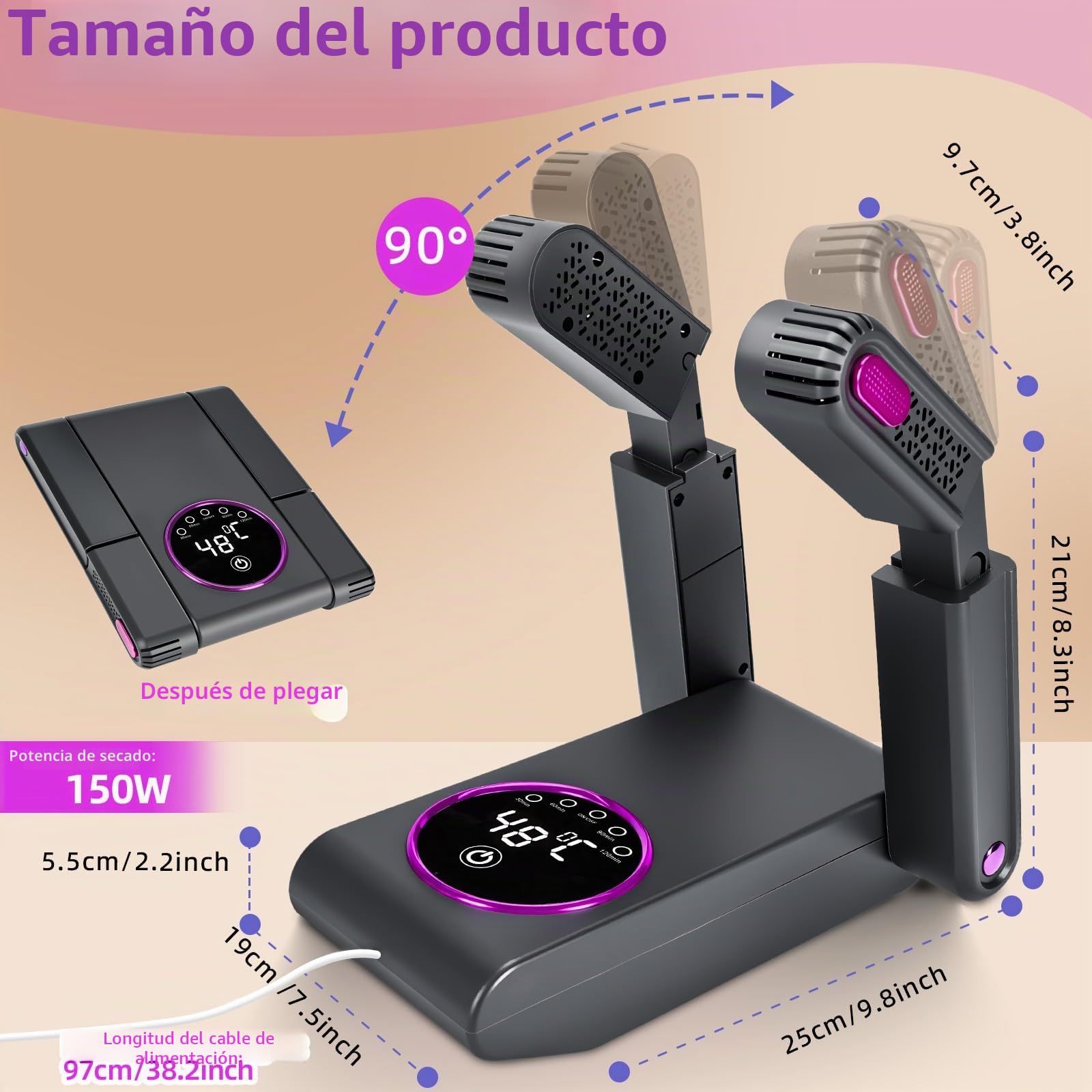 NZQXJXZ Secador de Zapatos Eléctrico, Secador de Botas y Secador de Guantes con Temporizador Inteligente, Diseño Plegable y Retráctil, Apagado Automático Después de 30/60/90/120 Minutos