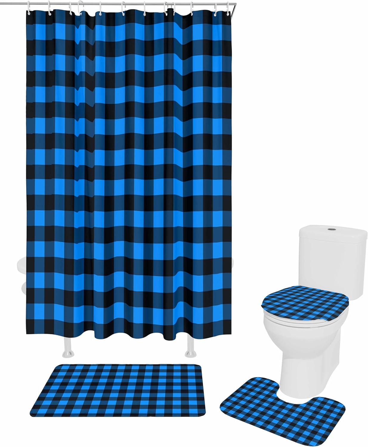 Black Blue Plaid Bathroom Set with Shower Curtain and Rug and Accessories - 36x72 Inches Long Country Buffalo Checked Gingham Bathtub Floor Runner Rug Set Stall Curtains Waterproof with Large Bath Mat