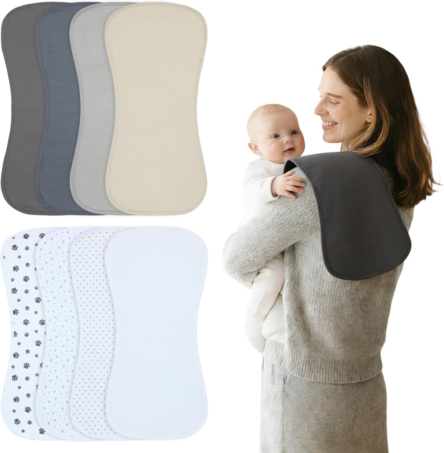 Waterproof Baby Burp Cloths 8-Pack - 4-Layer Super Absorbent Fabric, Extra Soft Plush Spit Up Rags for Newborns Infants, Unisex for Baby Boy Girl, Milk Spit Up Infant Towels