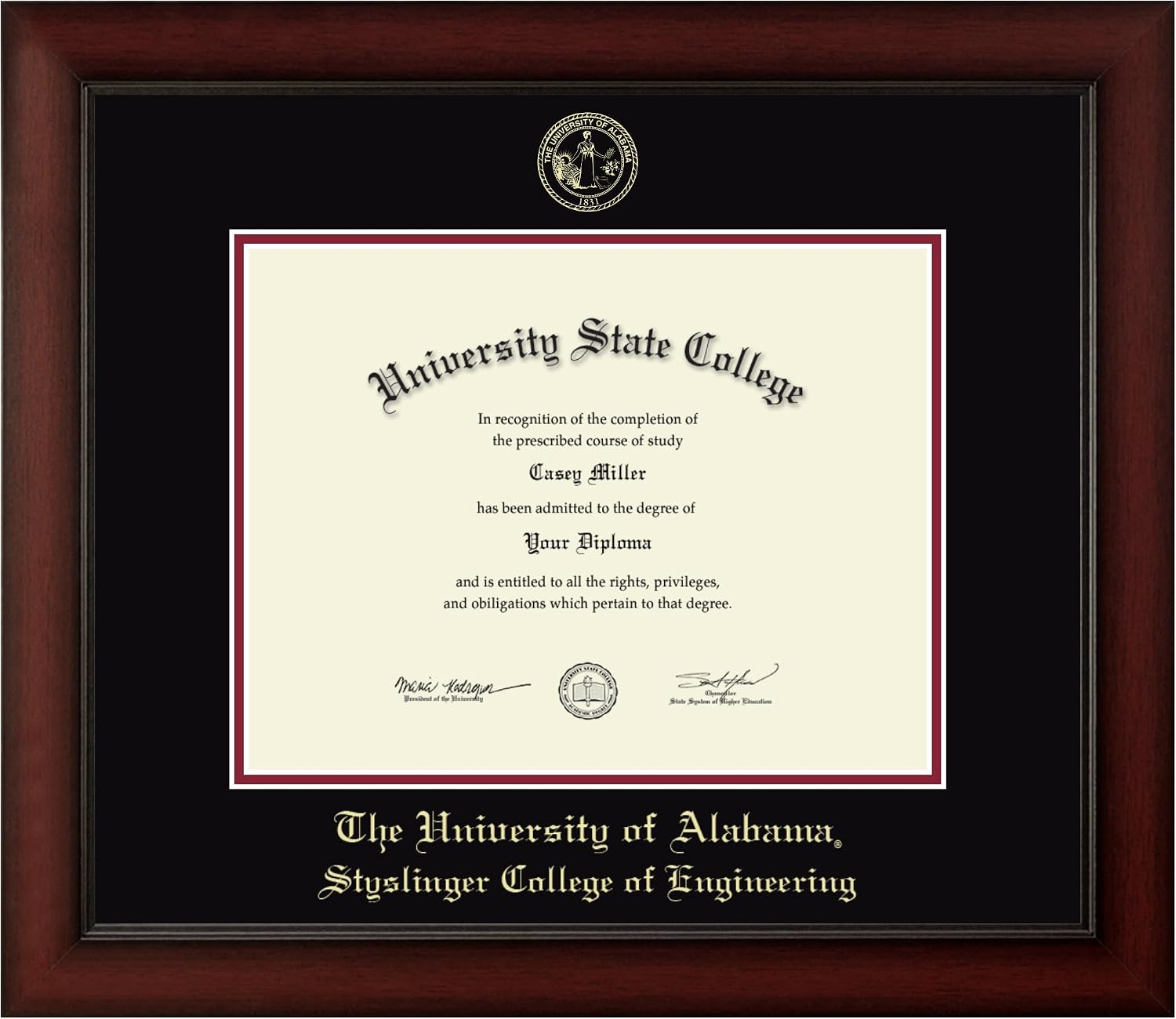 The University of Alabama Tuscaloosa 11" w x 8.5" h Diploma Frame - Fits a bachelor's, master's and phd - Gold Embossed Diploma Frame - Cherry Moulding with Black and Crimson Matting
