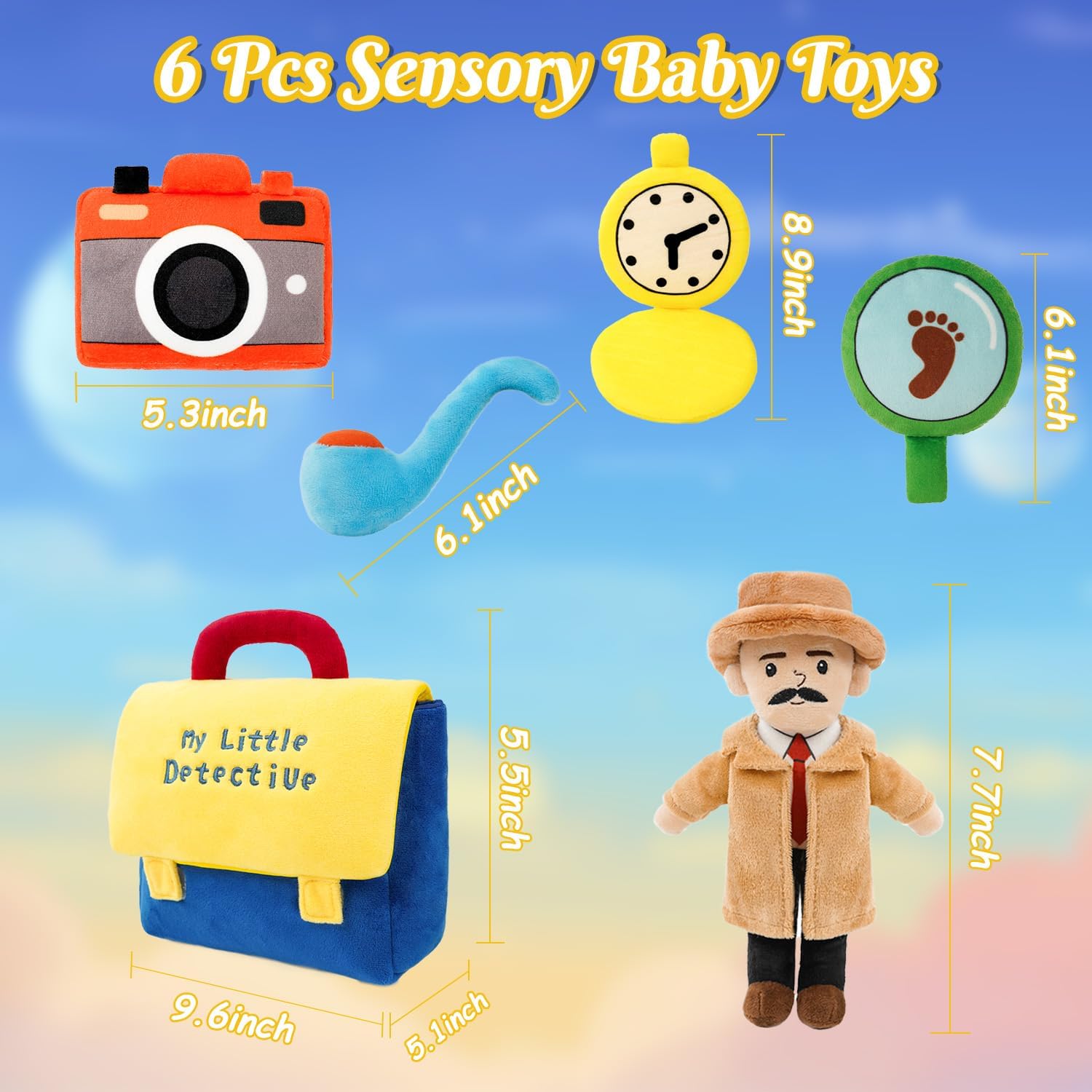 Baby Boy Plush Toys 0-6-18 Months My Little Detective Stuffed Animal Set for Toddlers Pretend Play Kit with Detective Doll, Camera, Magnifier, Clock Newborn Infant Toys for Boys & Girls Gift Ages 1-3