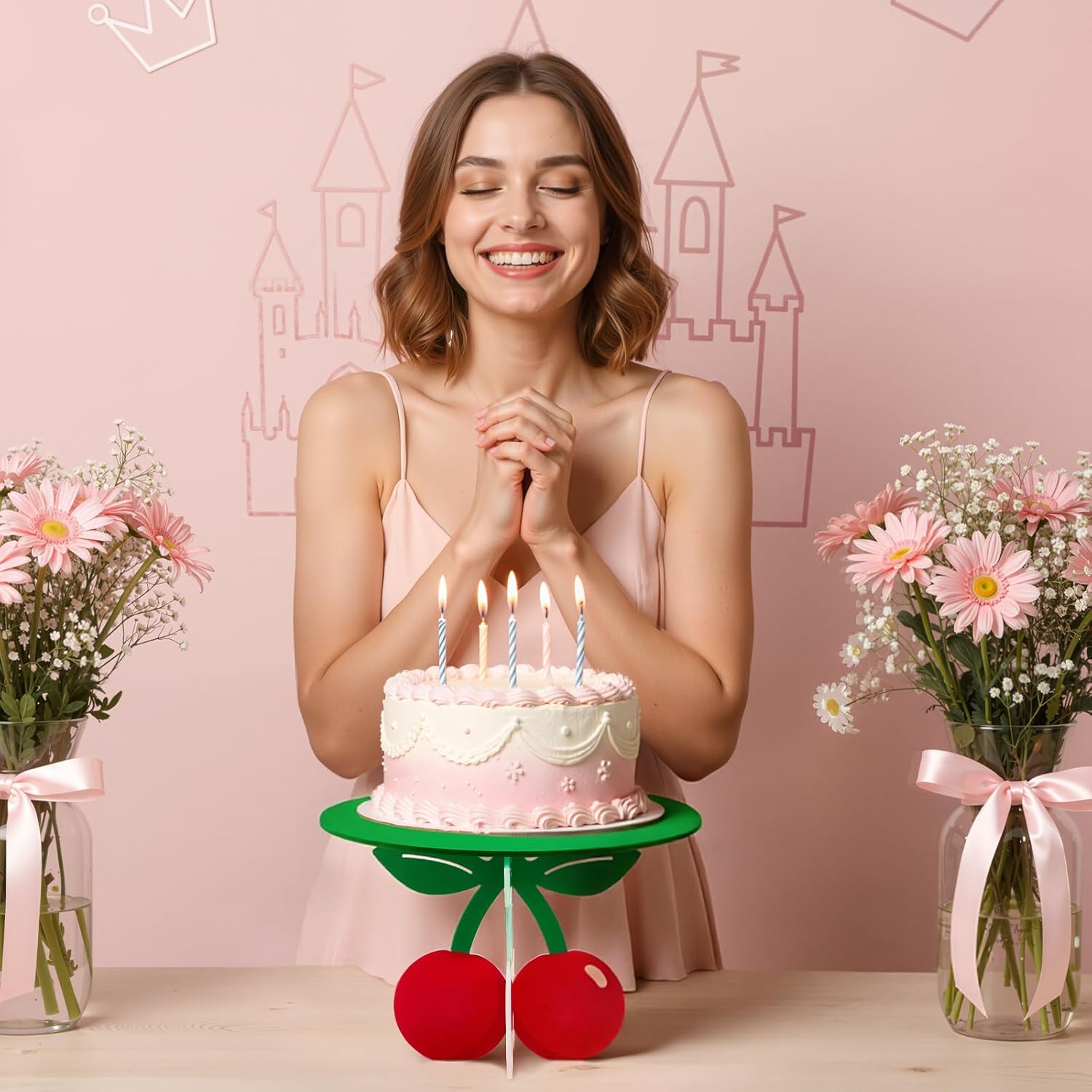 Lallisa 12" Cherry Cake Stand 3D Red and Green Cherry Party Decorations PVC Dessert Holder Centerpieces for Birthday Baby Shower Wedding Party Supplies