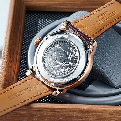 REEF TIGER Brand Moonphase Leather Automatic Watch Mens Complete Calendar Luminous Transparent Mechanical Wristwatch RGA1963