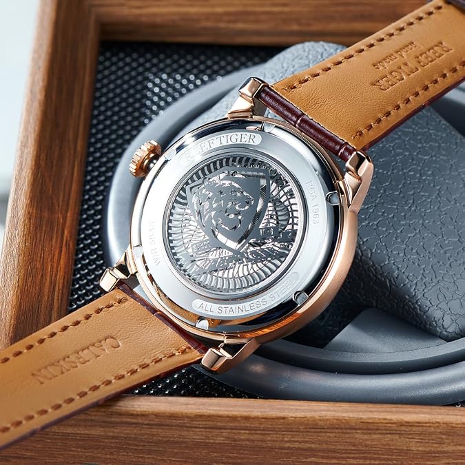 REEF TIGER Brand Moonphase Leather Automatic Watch Mens Complete Calendar Luminous Transparent Mechanical Wristwatch RGA1963