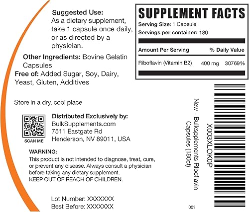 Miniatura 7 de BULKSUPPLEMENTS.COM Cápsulas de riboflavina  Vitamina B2 400 mg, suplementos de vitamina B  Riboflavina 400 mg, vitaminas para la energía  Sin