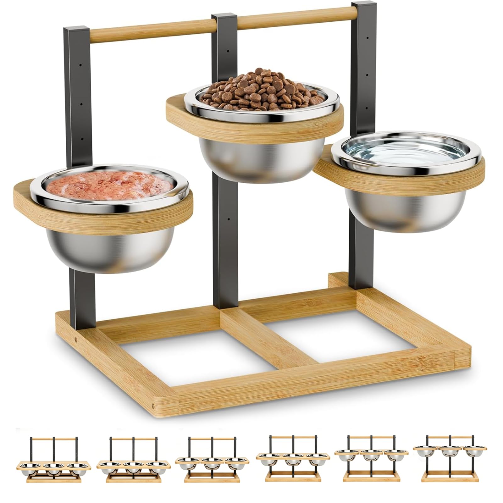 Gamelle surélevée réglable pour Chien, mangeoire en Bambou et métal avec 6 hauteurs réglables de 10 à 30 cm, 3 Bols INOX 304 de 1400 ML, Support Ergonomique pour Chiens Moyens et Grands