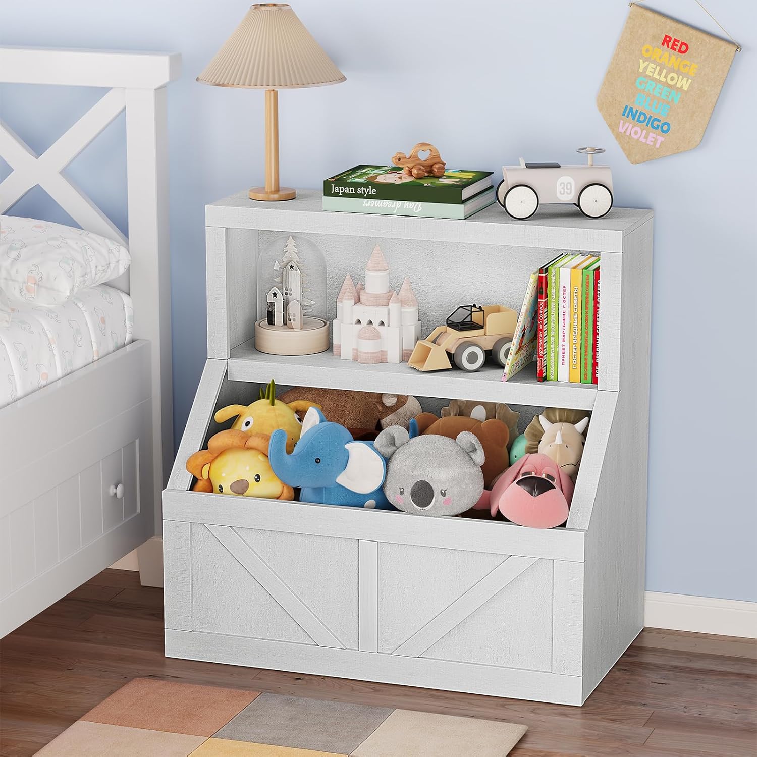 Kids Bookshelf and Toy Storage Cabinet, 2-Tier Toddler Toy Organizer with 2 Shelves, Vintage White Finish, Ideal for Playroom, Bedroom, Living Room, and Classroom, Durable and Space-Saving Design