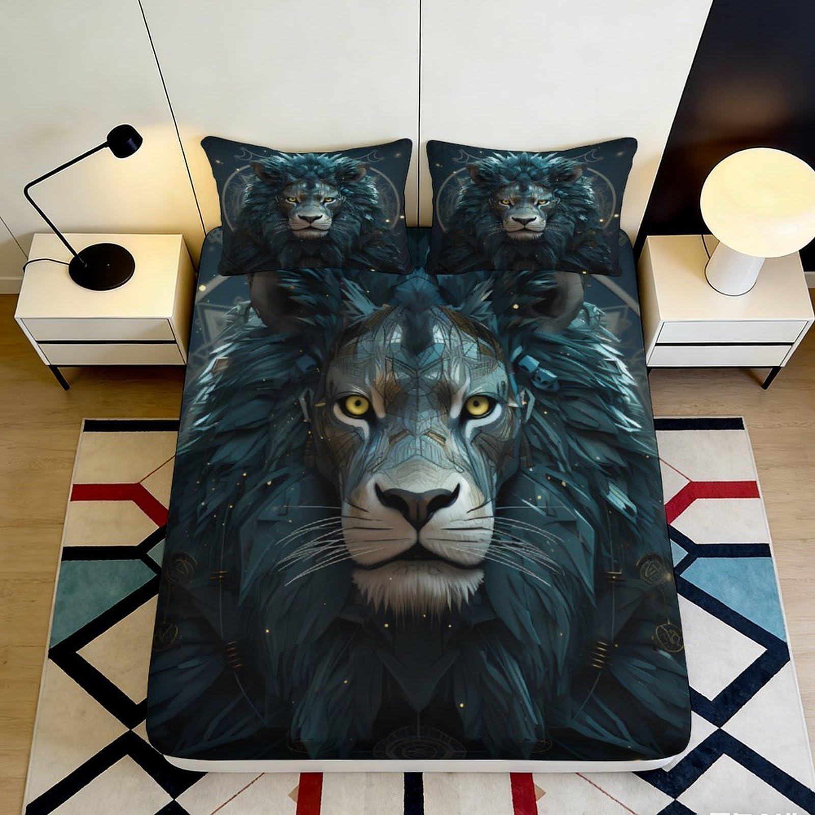 3D Printed Blue Lion Fitted Sheet Microfiber Soft Breathable Geometric Lion Mattress Cover for Bedroom Dormitory Guest Room Protection Decor 200x200x25cm