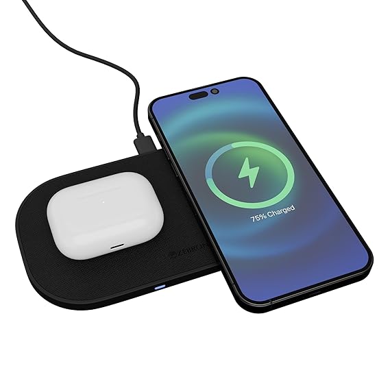 Zebronics 2-in-1 Wireless Charging Pad with 30W Output, Fast Charging, Built-in Protection, Foreign Object Detection, 1m Type-C Cable, for Wireless Earbuds & Smartphones, Texture Finish (WCP 215)