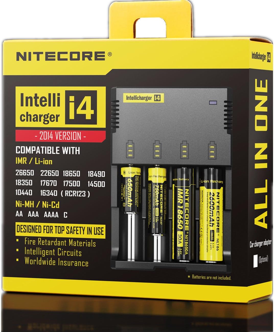 NiteCore Intellicharger I4 V2 packaging showing compatible battery types