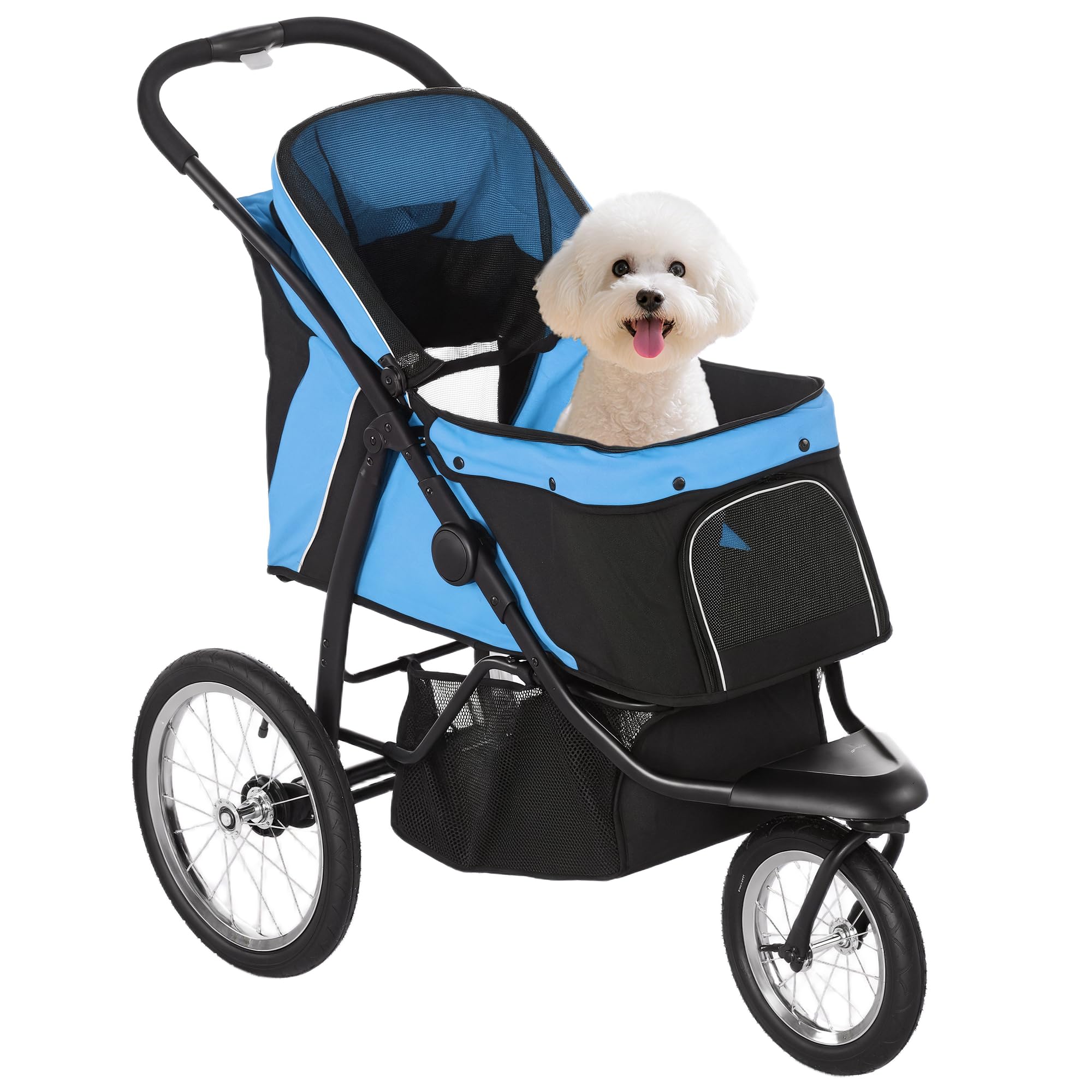 PawHut Carrito para Perros Plegable con Cesta 3 Ruedas 111x58x107 cm Azul | Cochecito para Mascotas, para Perros Medianos Pequeños, Capota Ajustable, Ventana de Malla, Carga 20 kg, Ruedas Grandes