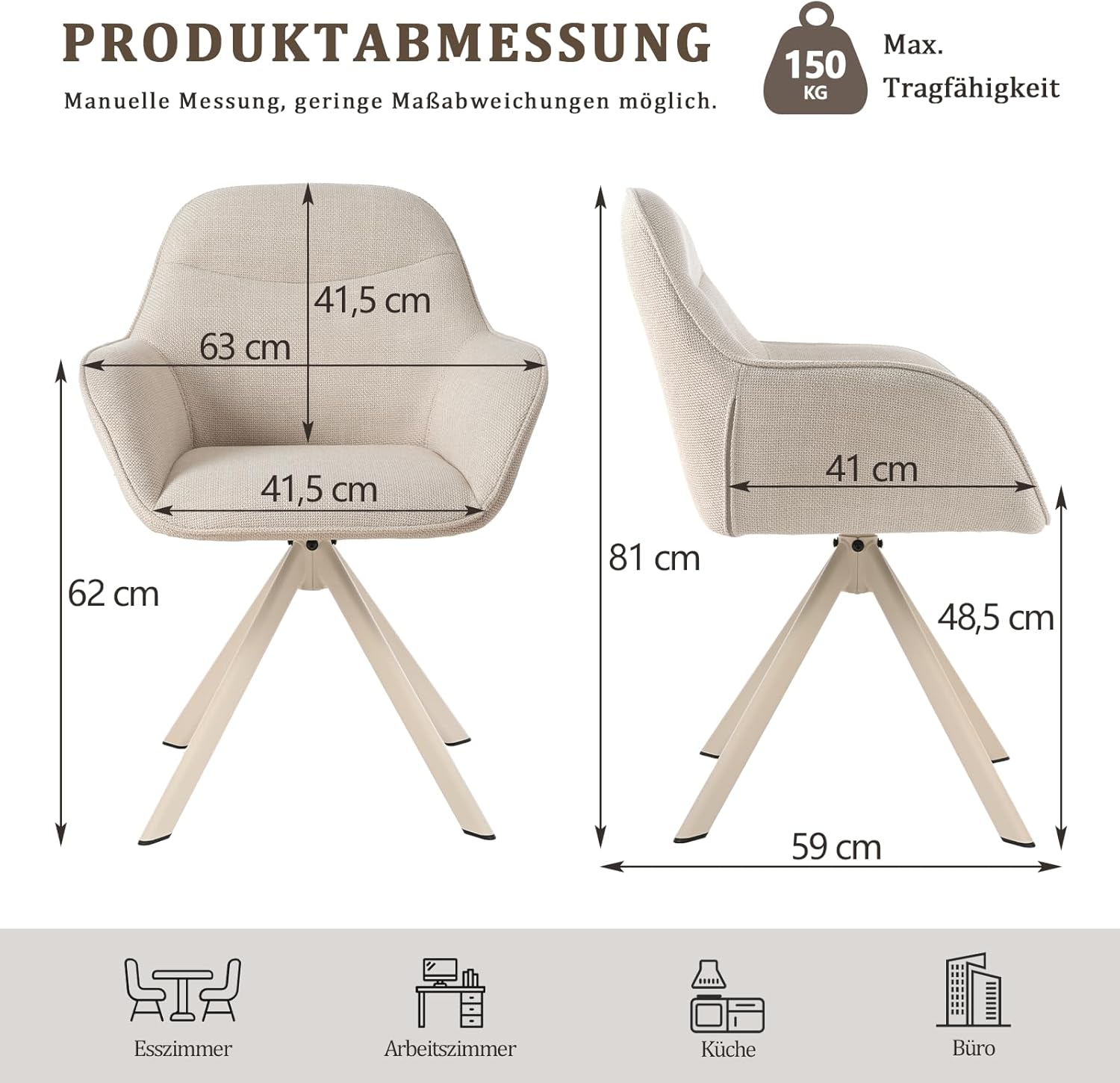 Goeurvant Drehbarer Esszimmerstuhl mit Armlehnen, Beige, 6er Set