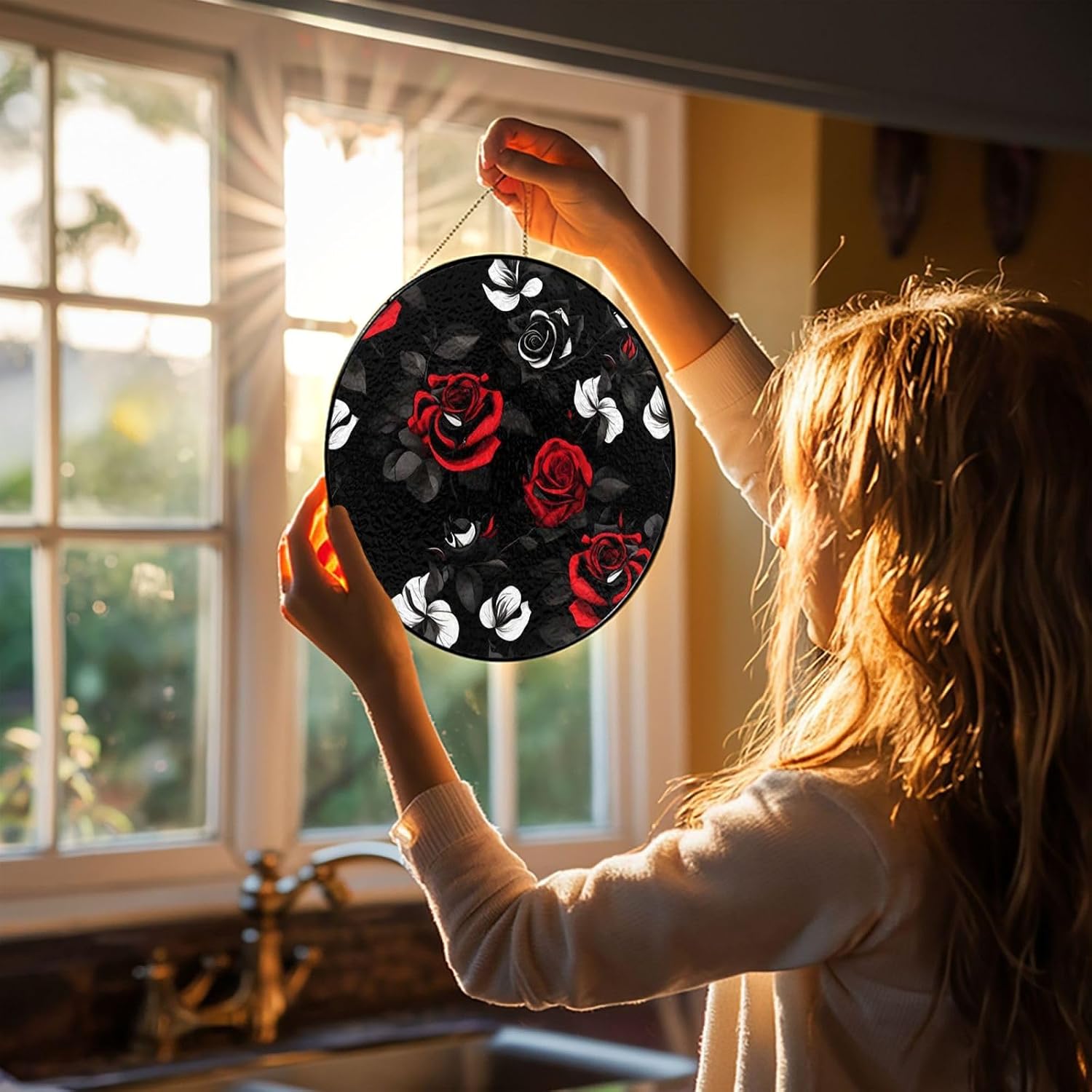 Stained Glass Window Hanging 12in Window Suncatcher Glass Panel with Metal Chain Black White and Red Roses Sun Catchers Wall Art Home Decor Gift for Women Mother's Day