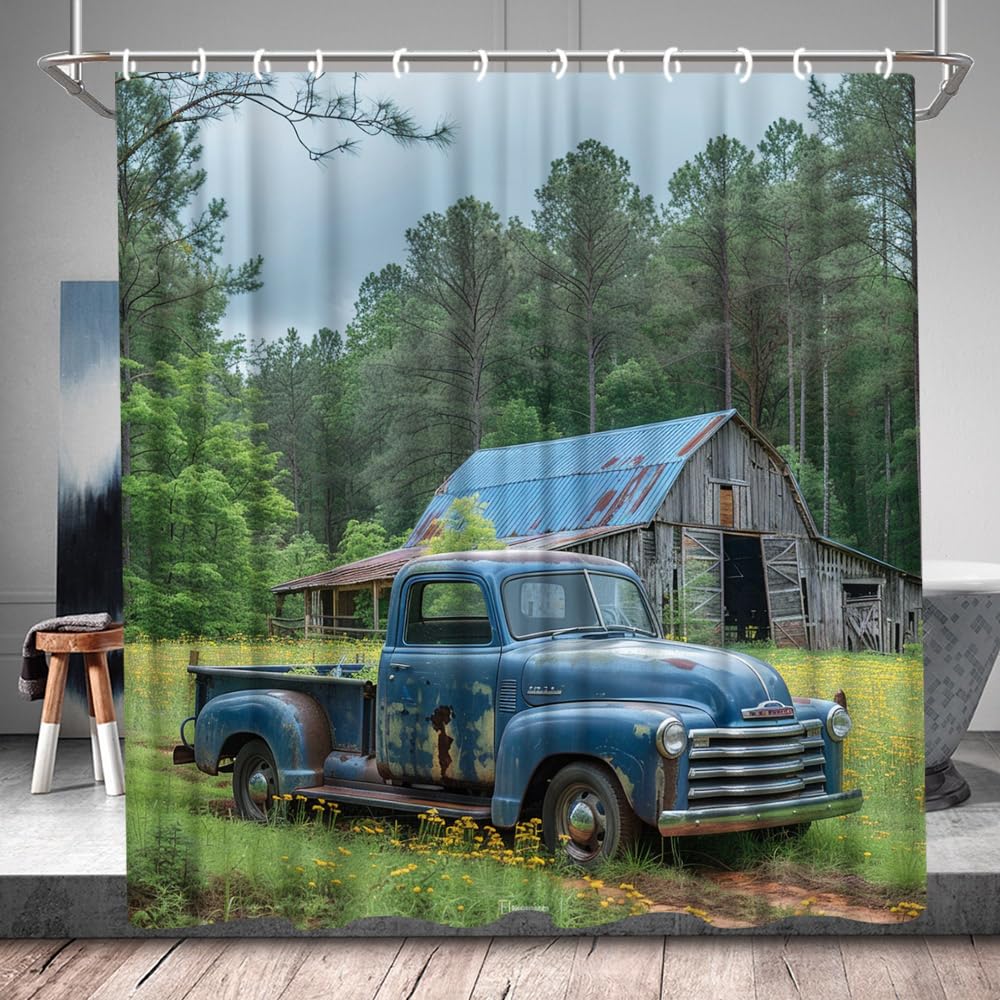 QWRSMYX Vintage Farm Truck Shower Curtain Western Rustic Barn Old Antique Car Farmhouse Country Retro Bathroom Curtains with Hooks 70Wx70H Inch