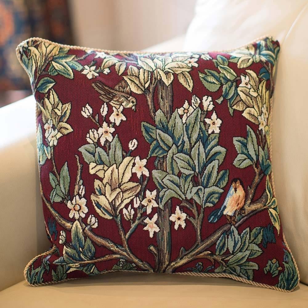 Signare William Morris Artist Tapestry Double Sided Square Throw Pillow Cover 18" x 18"/ 45cm x 45cm (No Padding) in Red Tree of Life Design