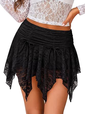 Yousify Y2K Lace Mini Skirt for Women Pleated Ruffle Flowy Short Skirt