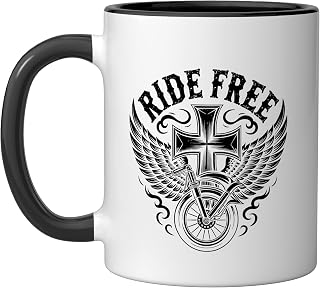 Christian Biker Angel Wings Motorcycle Handlebars Faith Ceramic Mug, Black/White, 11oz