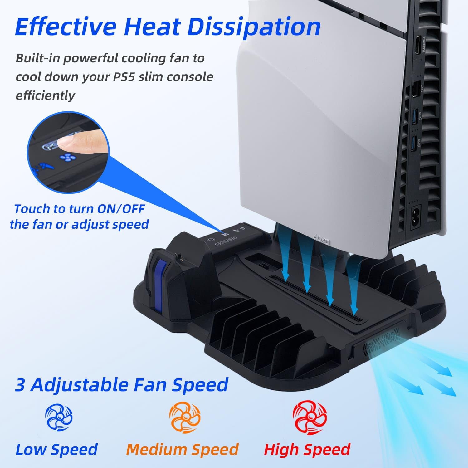 Mcbazel PS5 Slim Station de Charge de Refroidissement Turbo 3 Vitesses Multifonctionnelle Double Manette Chargeur de Ventilateur pour PS5 Slim Disc/Digital Console – Noir(Non pour PS5/PS5 Pro)