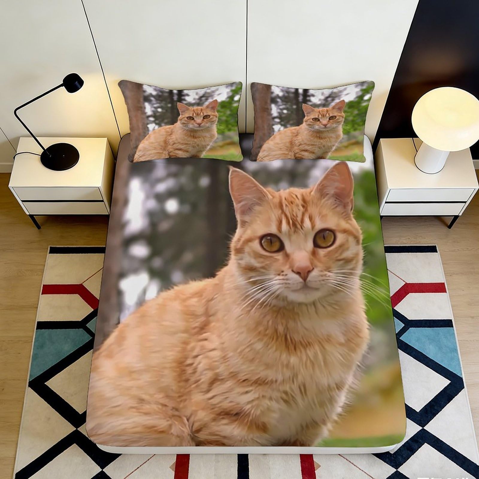 3D Printed Ginger Cat Fitted Sheet Microfiber Soft Breathable Tabby Cat Mattress Cover Bedroom Decor 90x200x25cm