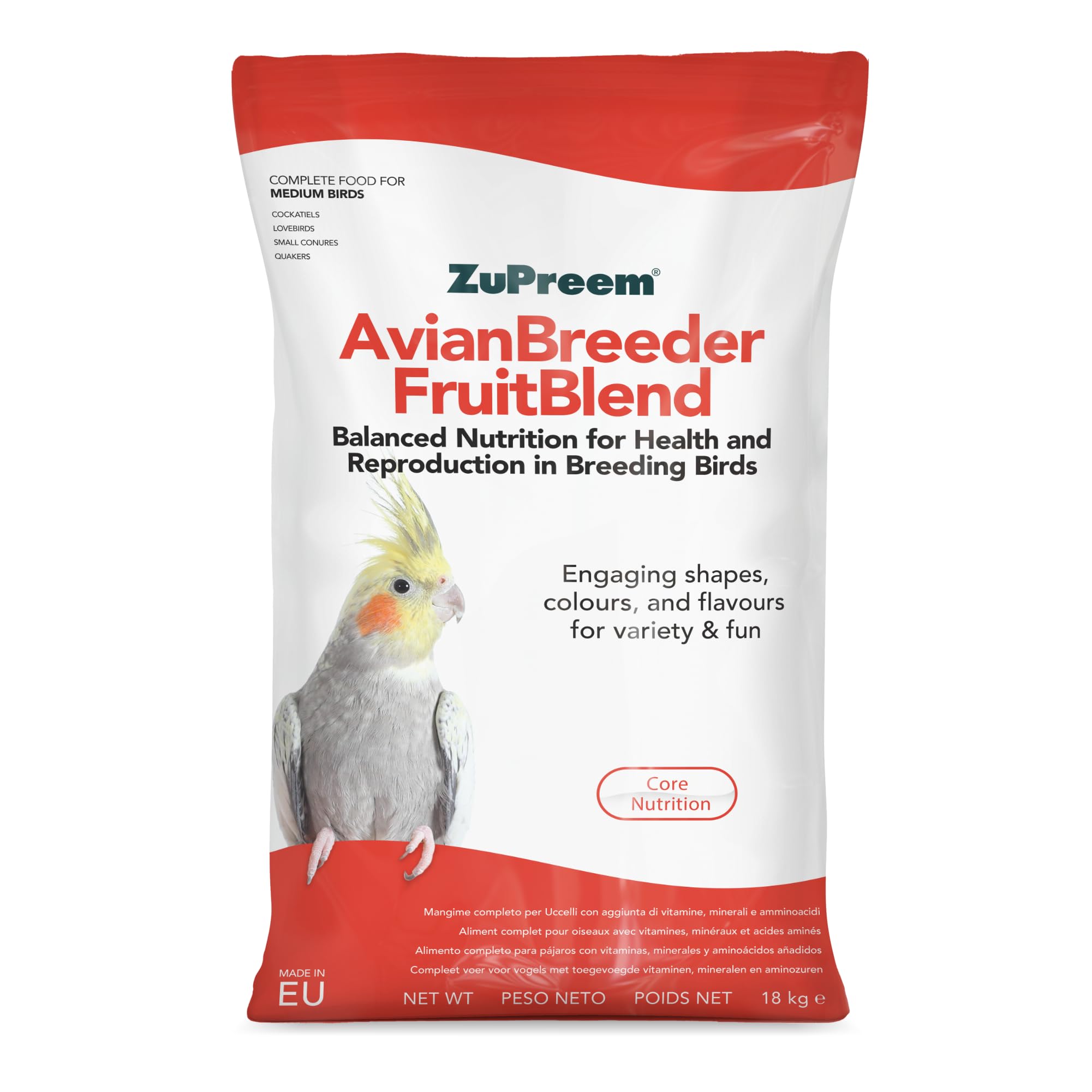 Zupreem Multifrutas Breeder Alimento para Aves de Tamaño Mediano - Pienso para Pájaros Indicado para la Cría de Agapornis, Cacatúas NINFA, Cotorras Pequeñas y Cotorras Argentinas - 18 kg