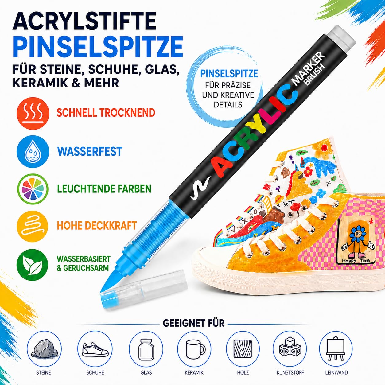 Melifluo 288 Acrylstifte Wasserfest – Acrylmarker mit Pinselspitze 1–6 mm & Direktfluss, Wischfest & Wetterfest – Acryl Stifte für Steine, Glas, Holz, Keramik, Stoff & Leinwand – Künstlerset